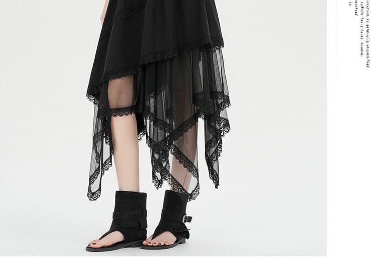 Elastic Waist Plain Asymmetrical Lace Trim Mesh Midi A-Line Skirt