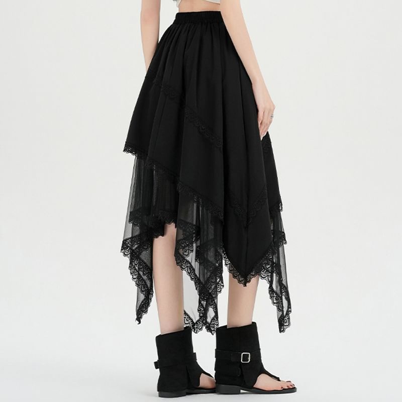 Elastic Waist Plain Asymmetrical Lace Trim Mesh Midi A-Line Skirt