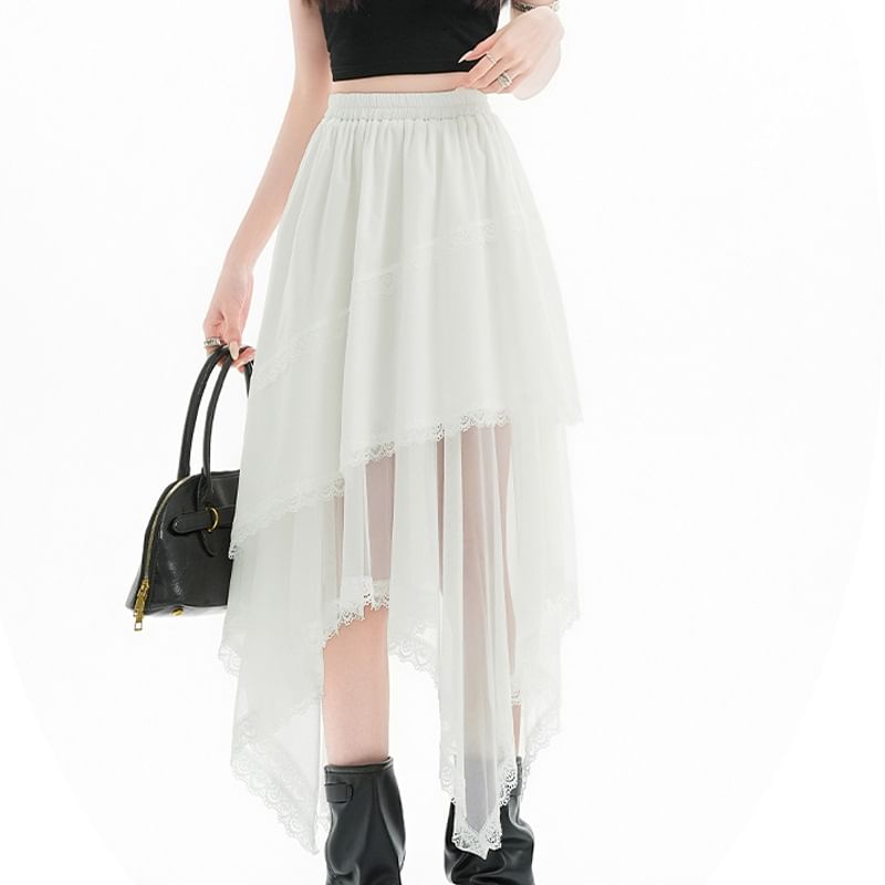 Elastic Waist Plain Asymmetrical Lace Trim Mesh Midi A-Line Skirt