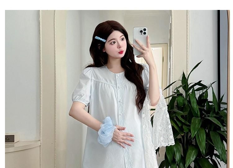 Maternity Short-Sleeve Round Neck Plain Blouse / Lace Scarf / Lace Midi A-Line Skirt / Set