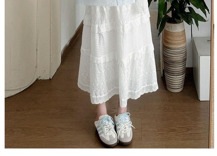 Maternity Short-Sleeve Round Neck Plain Blouse / Lace Scarf / Lace Midi A-Line Skirt / Set