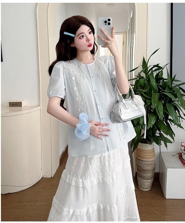 Maternity Short-Sleeve Round Neck Plain Blouse / Lace Scarf / Lace Midi A-Line Skirt / Set