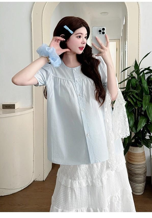 Maternity Short-Sleeve Round Neck Plain Blouse / Lace Scarf / Lace Midi A-Line Skirt / Set