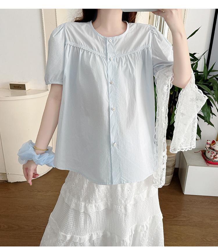 Maternity Short-Sleeve Round Neck Plain Blouse / Lace Scarf / Lace Midi A-Line Skirt / Set
