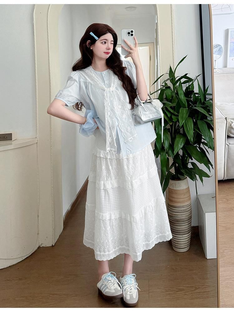 Maternity Short-Sleeve Round Neck Plain Blouse / Lace Scarf / Lace Midi A-Line Skirt / Set