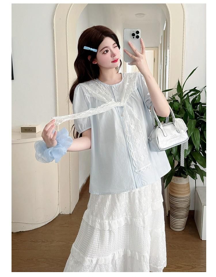 Maternity Short-Sleeve Round Neck Plain Blouse / Lace Scarf / Lace Midi A-Line Skirt / Set