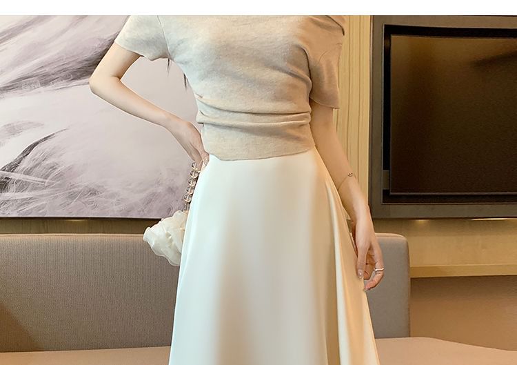 High Waist Plain Satin Maxi A-Line Skirt