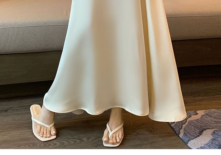 High Waist Plain Satin Maxi A-Line Skirt