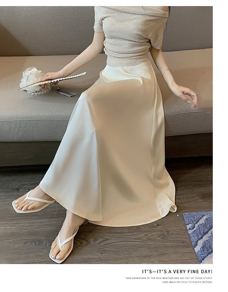 High Waist Plain Satin Maxi A-Line Skirt
