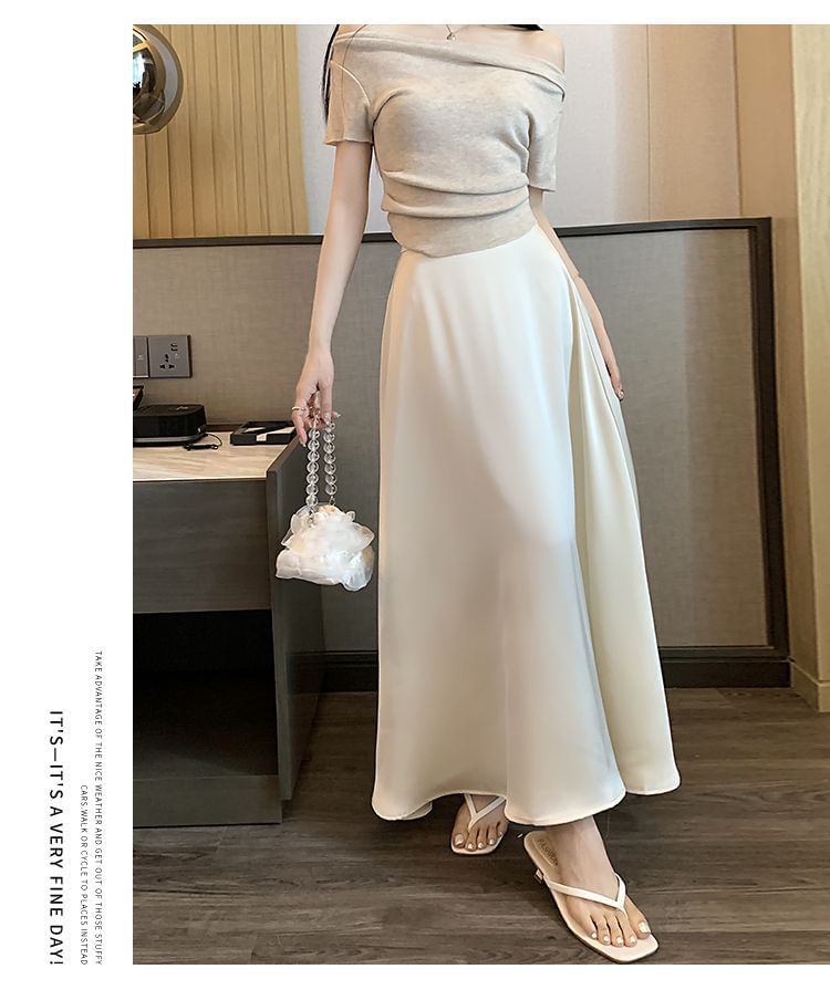 High Waist Plain Satin Maxi A-Line Skirt
