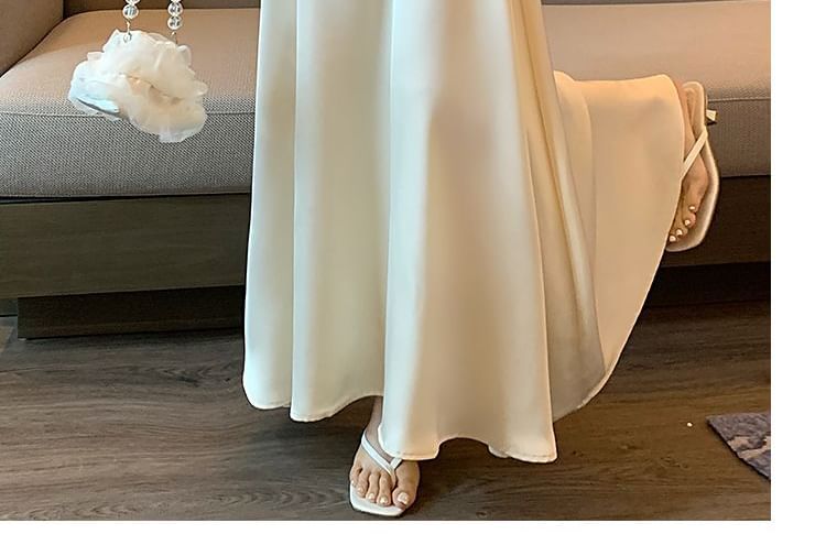 High Waist Plain Satin Maxi A-Line Skirt