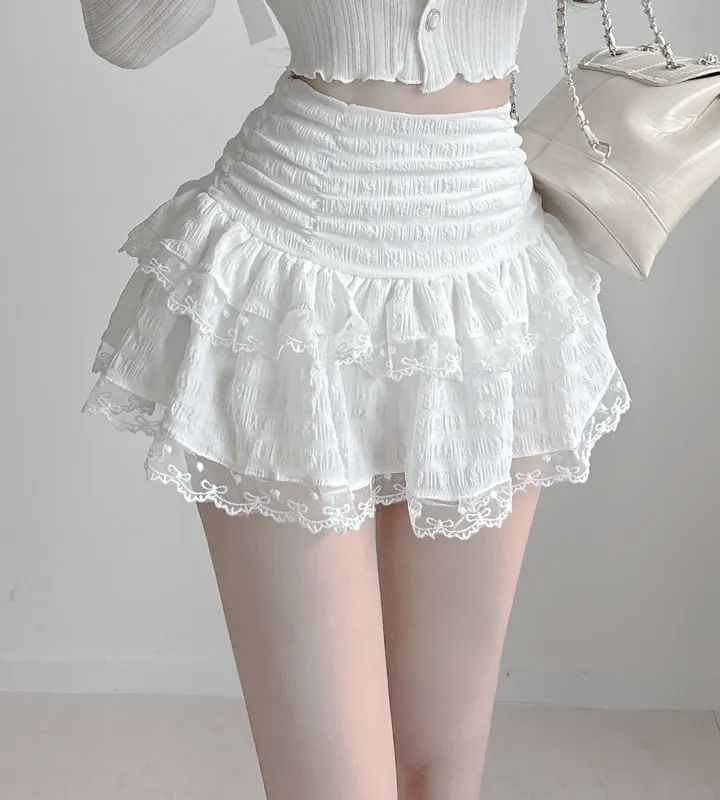 High Waist Lace Trim Ruched Mini A-Line Skirt