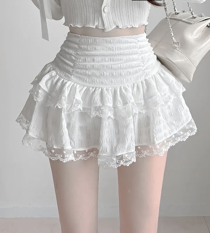 High Waist Lace Trim Ruched Mini A-Line Skirt
