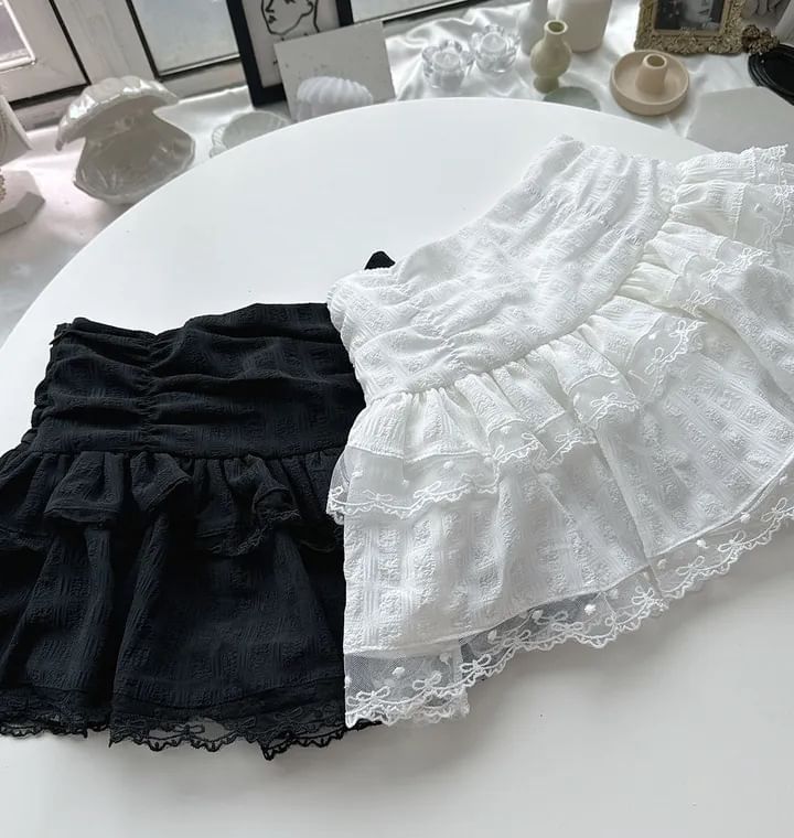 High Waist Lace Trim Ruched Mini A-Line Skirt