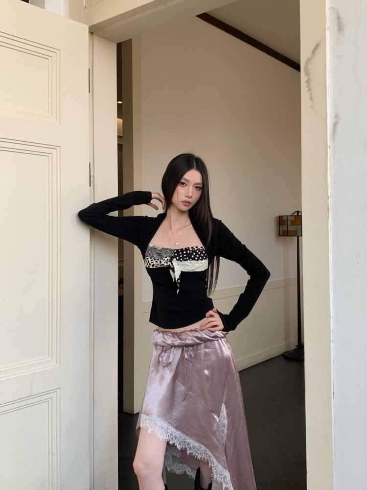 Long-Sleeve Queen Anne Neckline Crop Top / Low Waist Asymmetrical Skirt