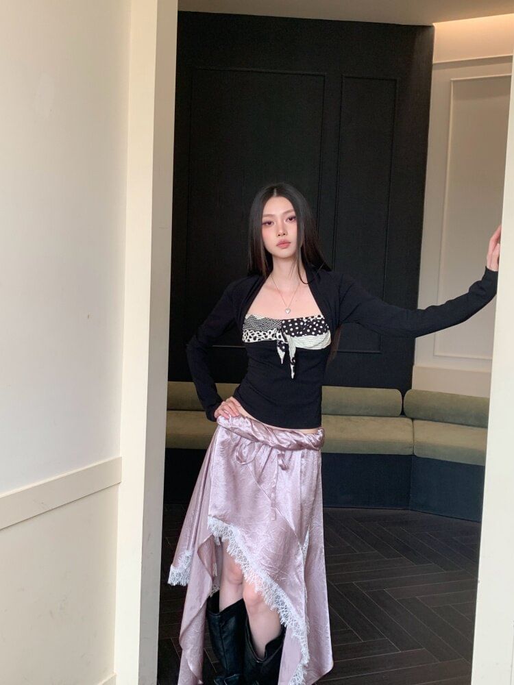 Queen Anne Neckline Crop Top and Asymmetrical Skirt Set