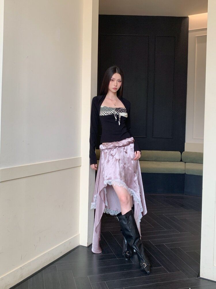 Long-Sleeve Queen Anne Neckline Crop Top / Low Waist Asymmetrical Skirt