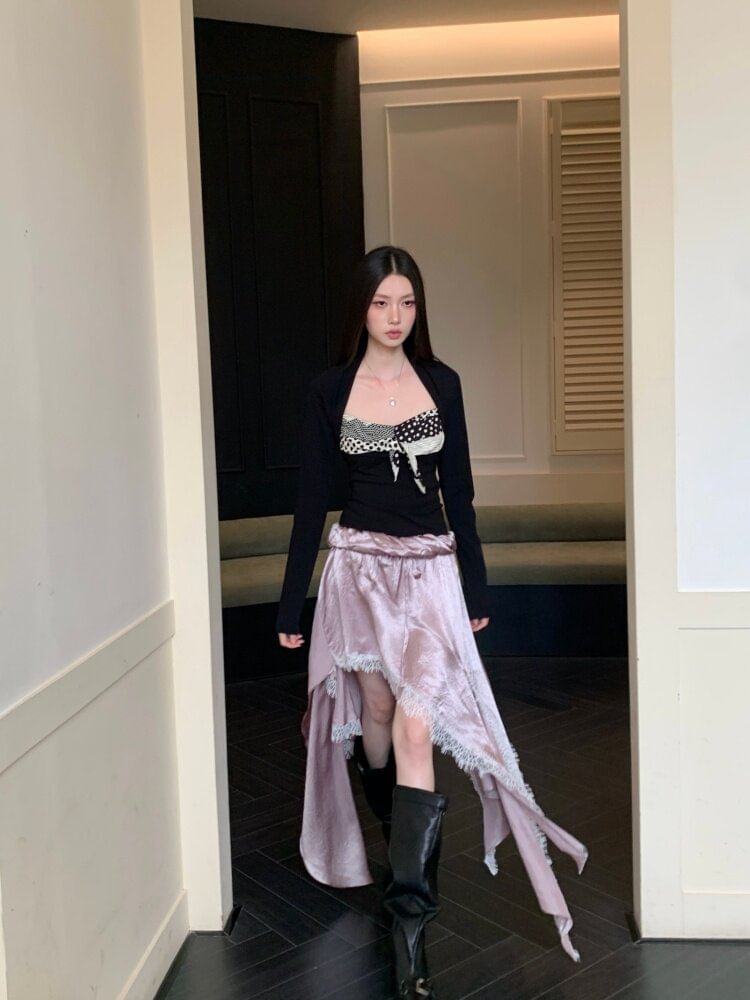 Long-Sleeve Queen Anne Neckline Crop Top / Low Waist Asymmetrical Skirt