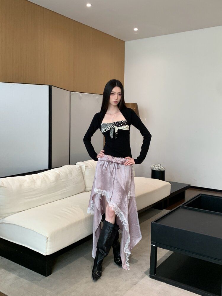 Long-Sleeve Queen Anne Neckline Crop Top / Low Waist Asymmetrical Skirt