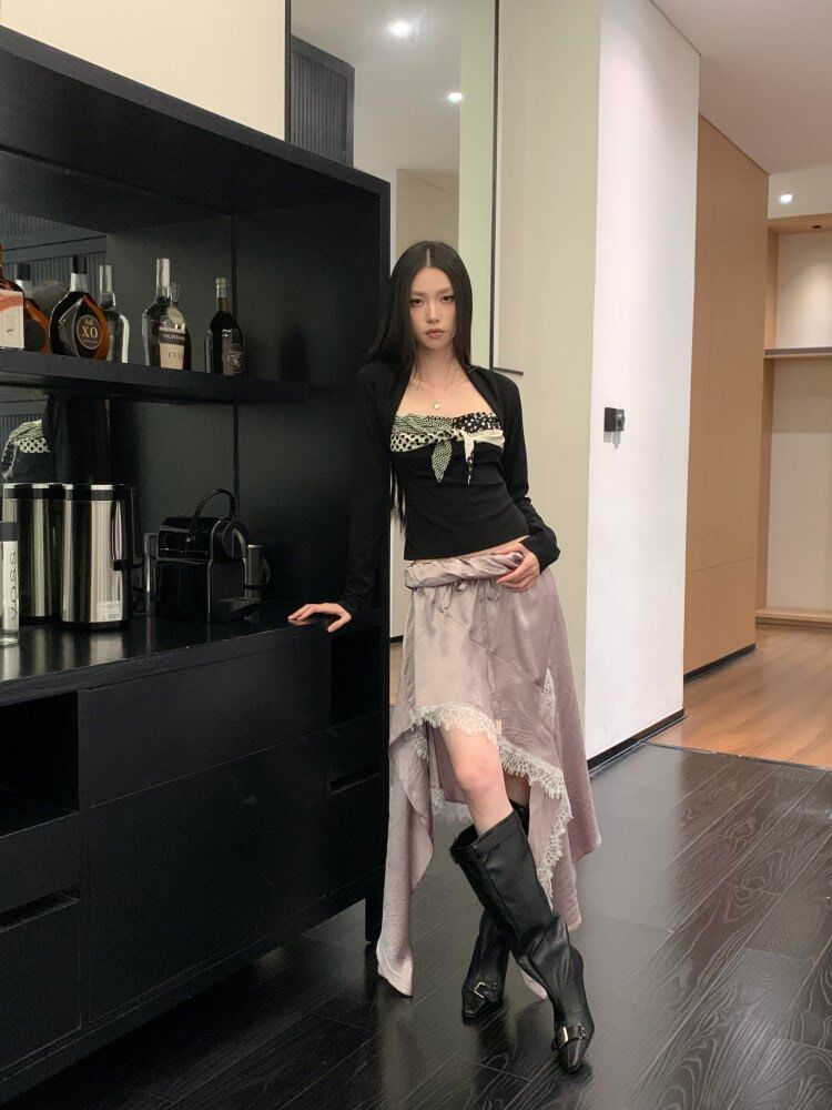 Long-Sleeve Queen Anne Neckline Crop Top / Low Waist Asymmetrical Skirt