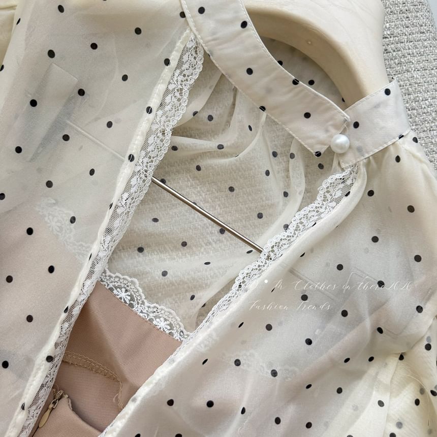 Set: Short-Sleeve Stand Collar Blouse + High Waist Midi Skirt