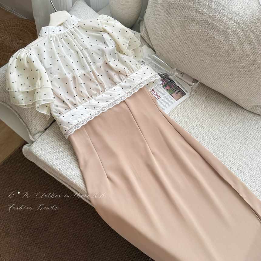 Set: Short-Sleeve Stand Collar Blouse + High Waist Midi Skirt
