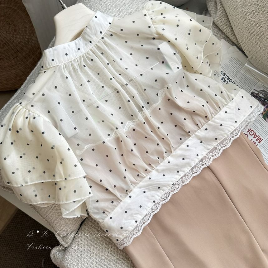 Set: Short-Sleeve Stand Collar Blouse + High Waist Midi Skirt