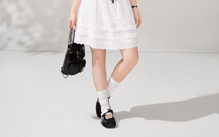 Short-Sleeve Tie-Neck Plain T-Shirt / High Waist Dotted Ruffled Mini A-Line Skirt