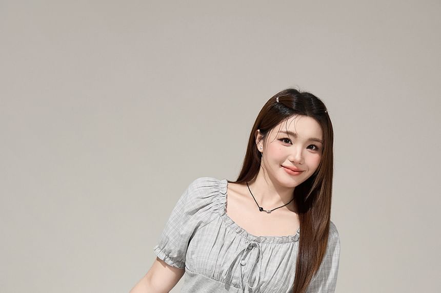 Puff-Sleeve Square-Neck Plaid Panel  Blouse / High Waist Plain Pleated Mini A-Line Skirt