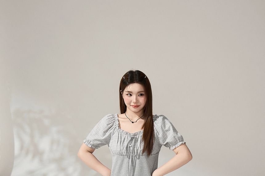 Puff-Sleeve Square-Neck Plaid Panel  Blouse / High Waist Plain Pleated Mini A-Line Skirt