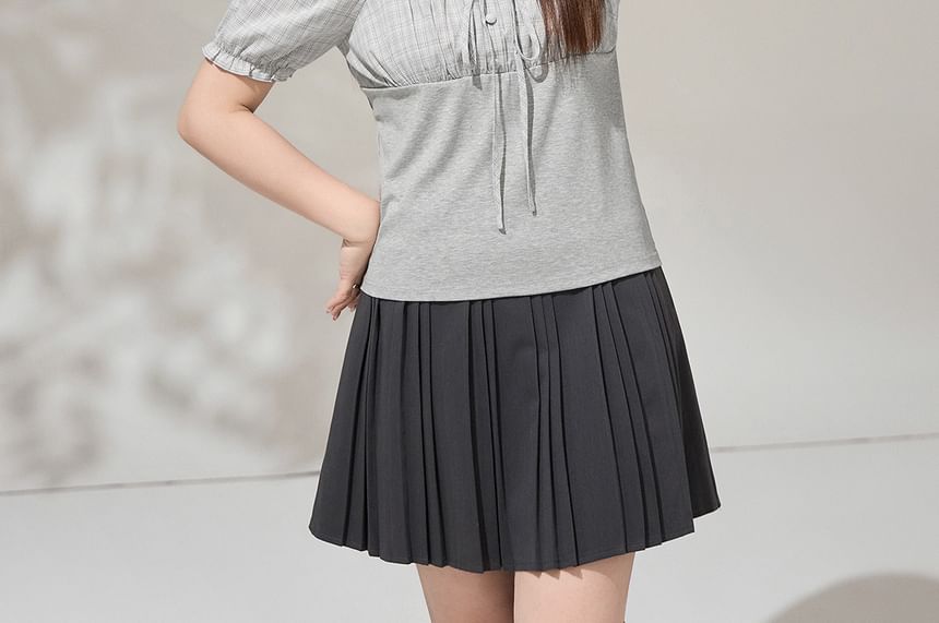 Puff-Sleeve Square-Neck Plaid Panel  Blouse / High Waist Plain Pleated Mini A-Line Skirt