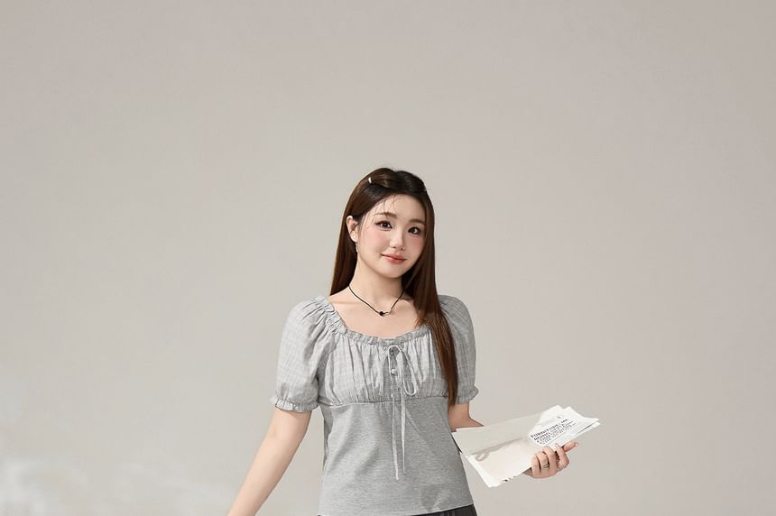 Puff-Sleeve Square-Neck Plaid Panel  Blouse / High Waist Plain Pleated Mini A-Line Skirt