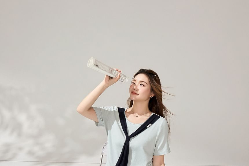 Set: Short-Sleeve Two-Tone Tie-Neck T-Shirt + High Waist Plain Midi A-Line Skirt
