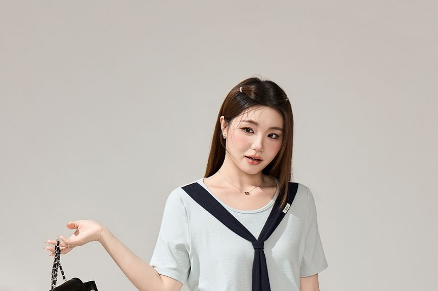 Set: Short-Sleeve Two-Tone Tie-Neck T-Shirt + High Waist Plain Midi A-Line Skirt