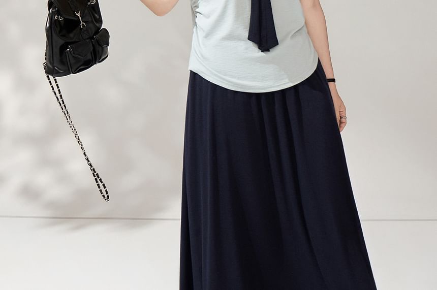 Set: Short-Sleeve Two-Tone Tie-Neck T-Shirt + High Waist Plain Midi A-Line Skirt