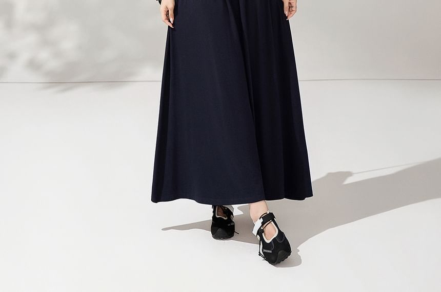 Set: Short-Sleeve Two-Tone Tie-Neck T-Shirt + High Waist Plain Midi A-Line Skirt