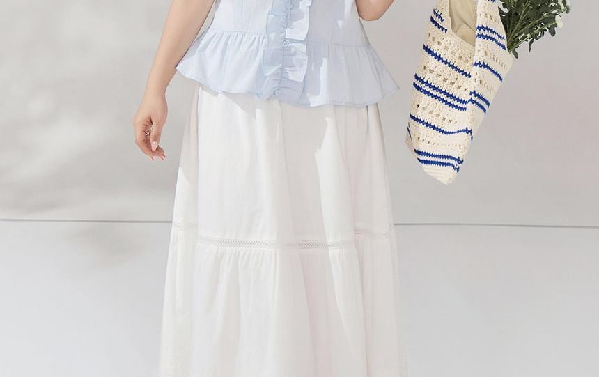 Short-Sleeve V-Neck Plain Ruffled Blouse / High Waist Midi A-Line Skirt
