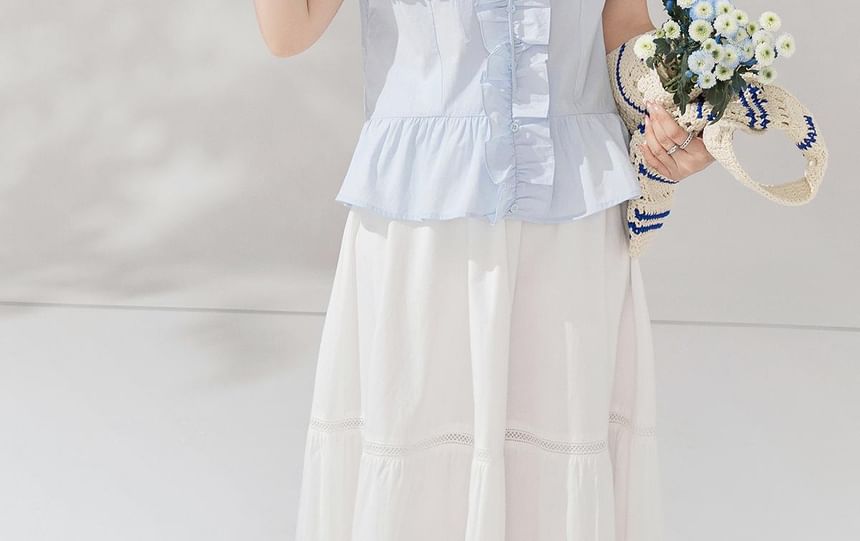 Short-Sleeve V-Neck Plain Ruffled Blouse / High Waist Midi A-Line Skirt