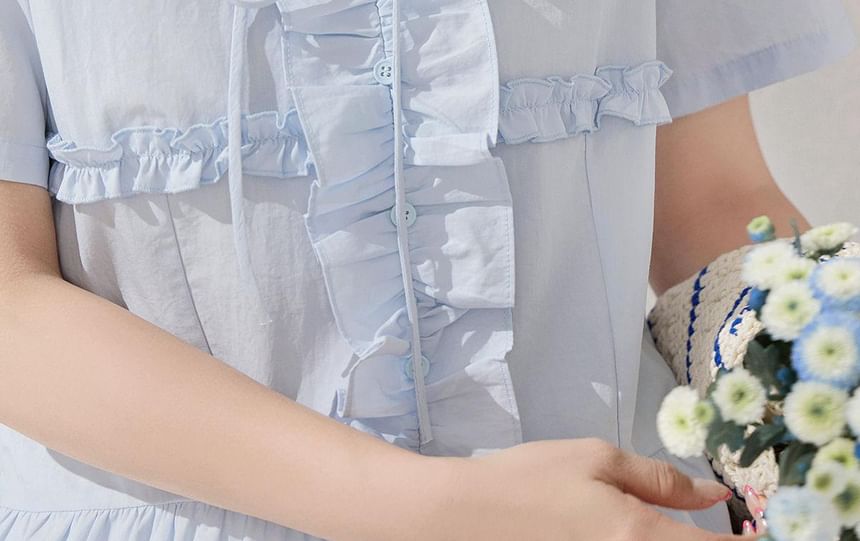 Short-Sleeve V-Neck Plain Ruffled Blouse / High Waist Midi A-Line Skirt