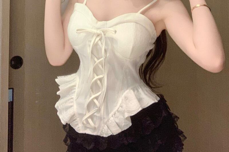 Plain Ruffle Lace Up Panel Lace Camisole Top