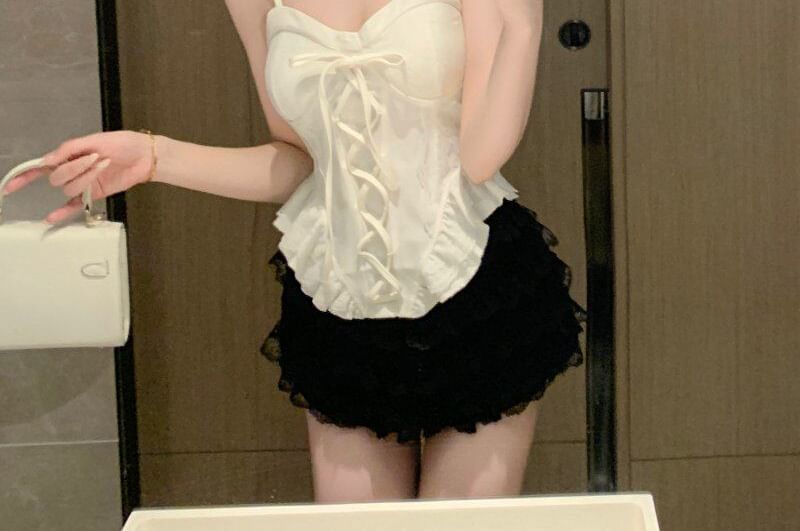 Plain Ruffle Lace Up Panel Lace Camisole Top
