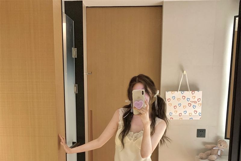 V-Neck Plain Panel Lace Camisole Top / Shorts / Straight Leg Pants / Set