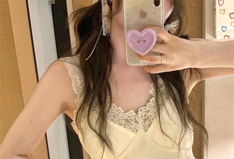 V-Neck Plain Panel Lace Camisole Top / Shorts / Straight Leg Pants / Set