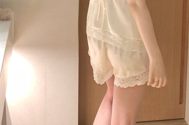 V-Neck Plain Panel Lace Camisole Top / Shorts / Straight Leg Pants / Set