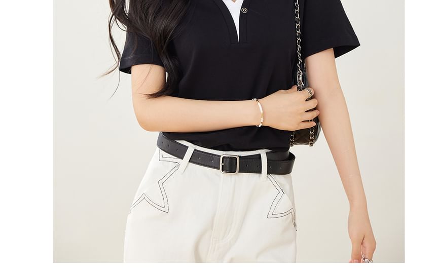 Notch Neck Two-Tone Short Sleeve Tee
