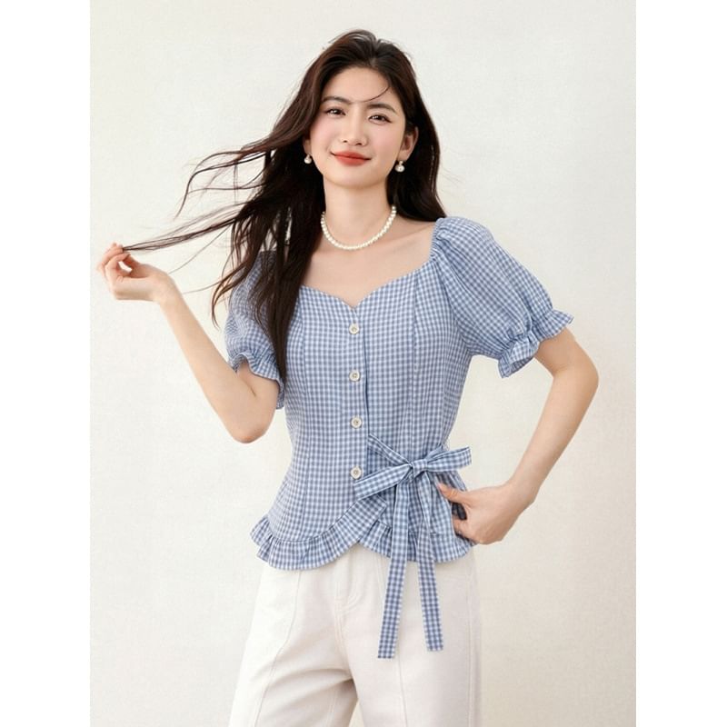 Square Neck Plaid Crop Blouse