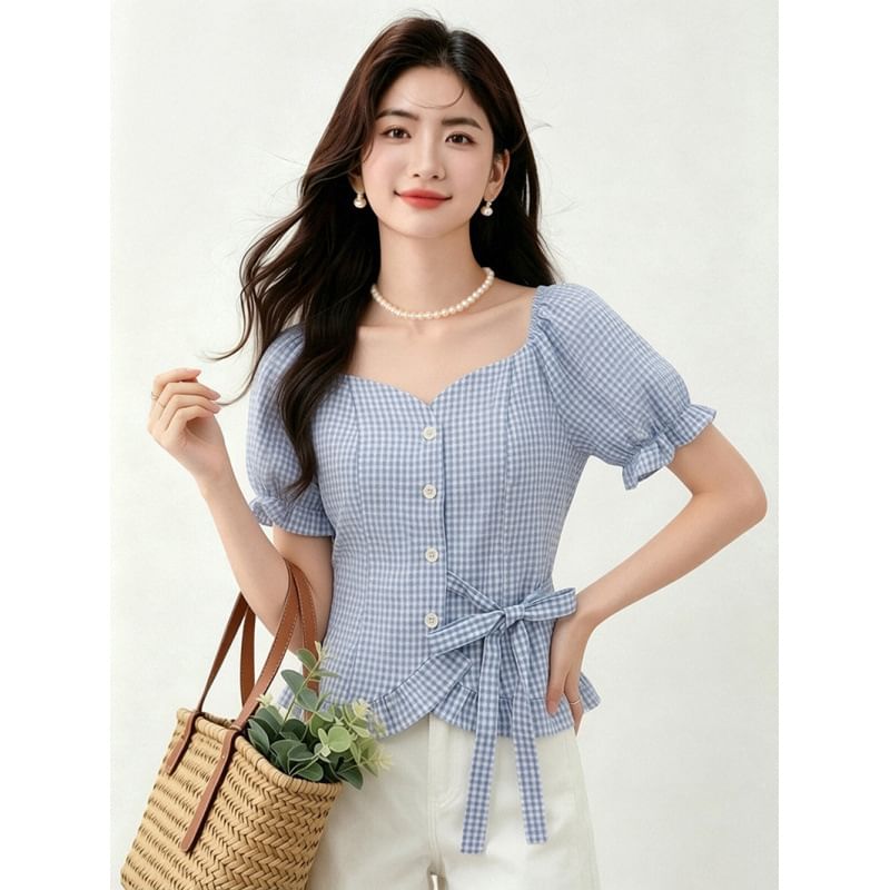 Square Neck Plaid Crop Blouse