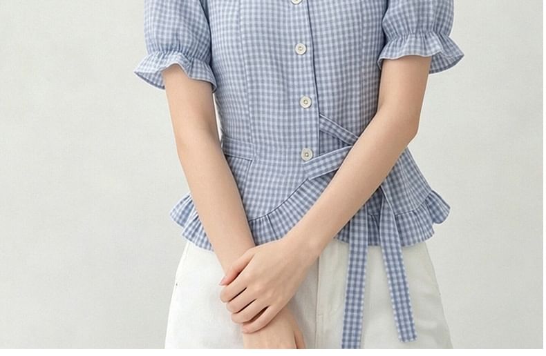 Square Neck Plaid Crop Blouse