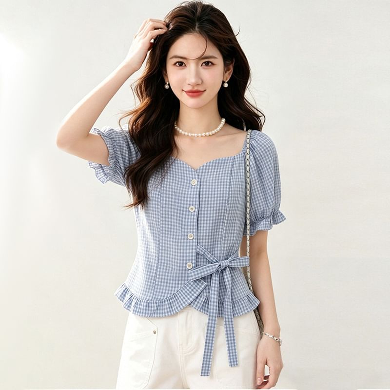 Square Neck Plaid Crop Blouse