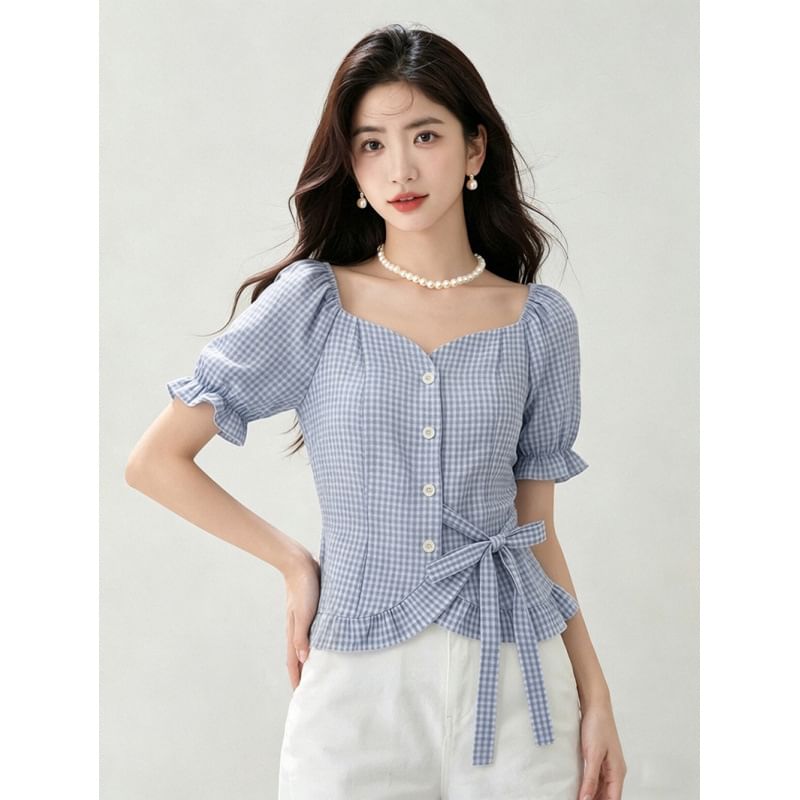 Square Neck Plaid Crop Blouse